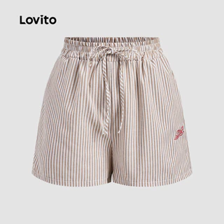 Lovito แคชชวล กางเกงขาสั้นลําลอง ปักลาย สั้น สําหรับผู้หญิง เกาหลี อินเทรนด์ LNA68300