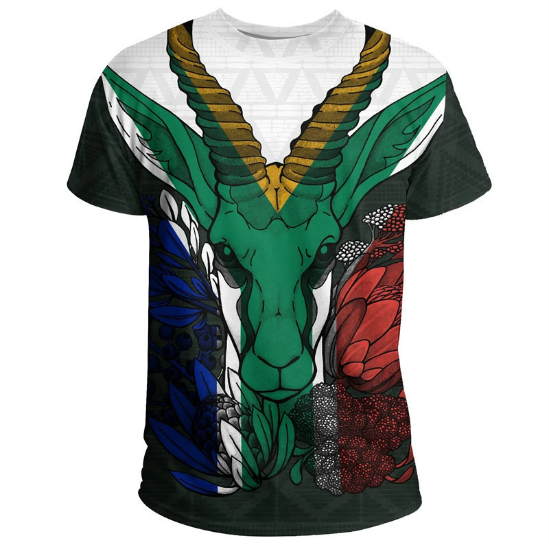 South Africa Map Flag แฟชั่นกราฟิก Springbok พิมพ์ Tee เสื้อสําหรับชายสัญลักษณ์เสื้อผ้า Tshirt Dashi