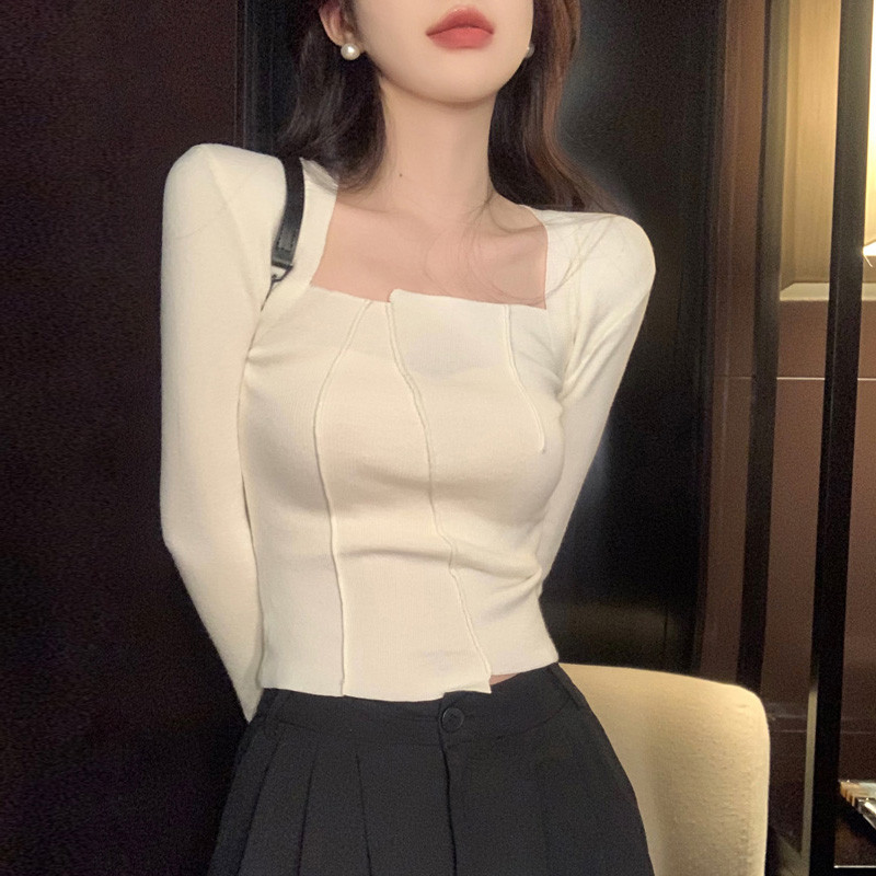 Gakki เสื้อสเวตเตอร์ถักนิตติ้งคอเหลี่ยมแขนยาวผู้หญิง เสื้อยืดไหมพรมแขนยาว ผ้านิ่มใส่สบาย ฟรีไซส์ พร้อมส่ง A607#