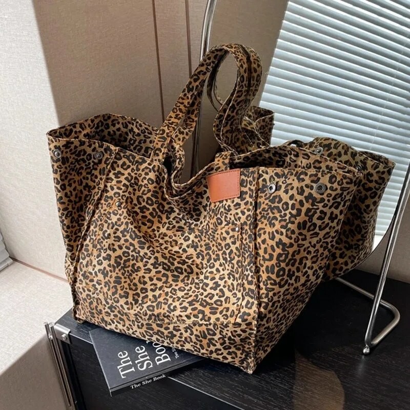 ลายเสือดาว Tote Bag กระเป๋าสะพายผ้าแคนวาสวินเทจแฟชั่นกระเป๋าถือความจุขนาดใหญ่สําหรับโรงเรียนทํางานช้อปปิ้ง