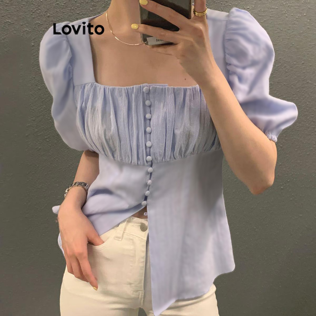 Lovito เสื้อเบลาส์ผู้หญิง มีกระดุม สีพื้น สไตล์ลำลอง LNE58008