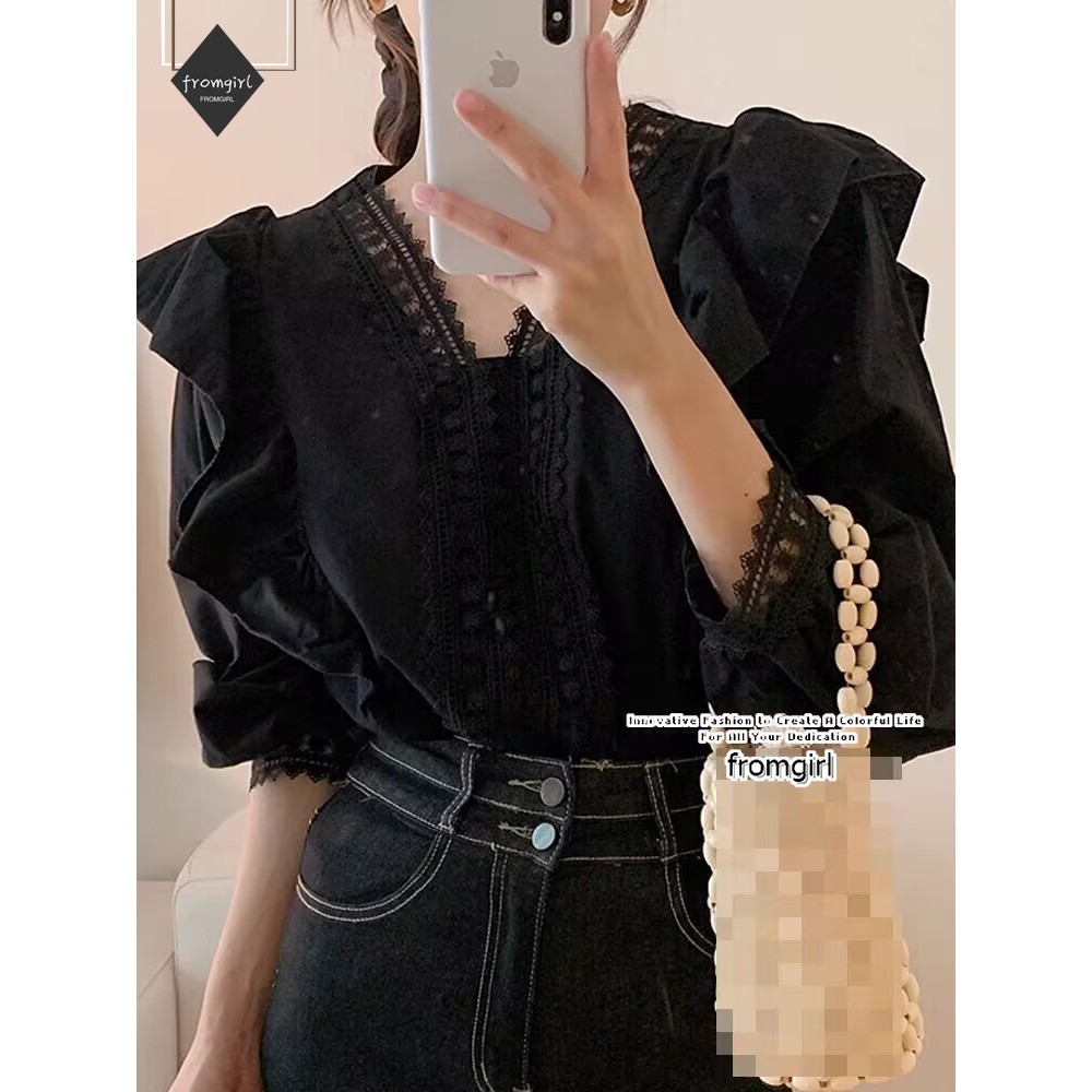 เกาหลีขอบลูกไม้คอวีแขนยาวเสื้อหลวมกลางยาวด้านบน