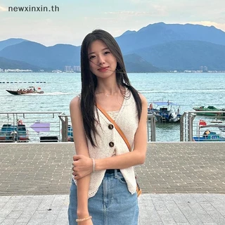 ^N^ ฤดูร้อนแฟชั่นสีทึบปุ่มเก๋คอวีแขนกุดถักเสื้อชั้นในสตรี {T}