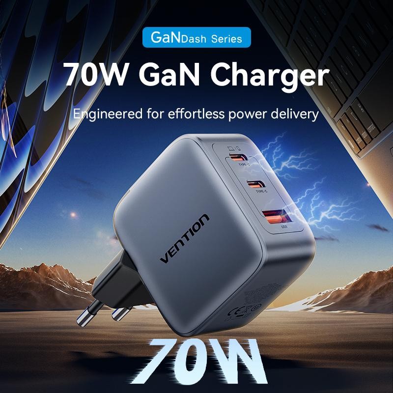 Vention เครื่องชาร์จ 3 พอร์ต USB (C+C+A) GaNDASH (70W/70W/22.5W) EU-Plug