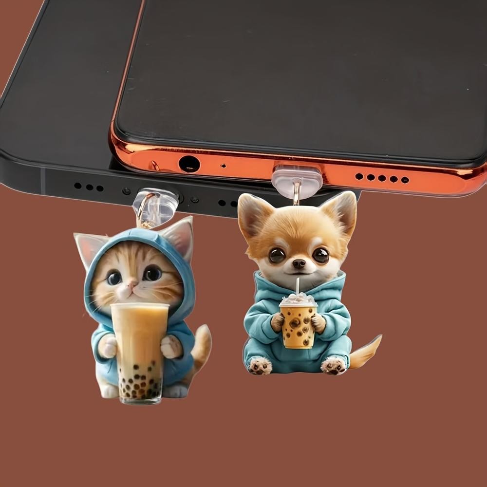 น่ารัก 2D แบนอะคริลิคแมวสุนัขปลั๊กฝุ่น,แมว USB C ปลั๊กฝุ่น,ประเภท C พอร์ต Charm, ชาร์จพอร์ต Protector หมวกสําหรับอุปกรณ์ USB C