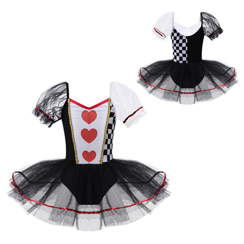 Yeahdor สีดําเด็กผู้หญิงคอสเพลย์เครื่องแต่งกายแขนสั้น Hearts Checkerboard พิมพ์ตาข่าย Tutu ชุด Jumps
