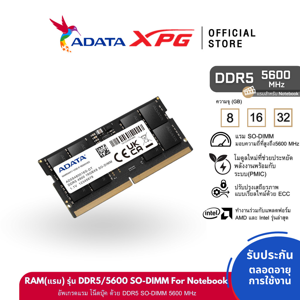 ADATA (แรมโน๊ตบุ๊ค) DDR5 5600 SO-DIMM 8 GB RAM For Notebook - ADT-AD5S56008G4C