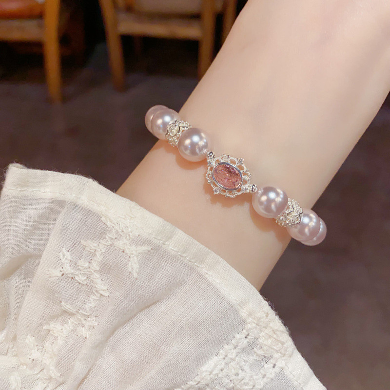 สร้อยข้อมือลูกปัดเพอร์لة สไตล์หรูหรา สีชมพู แต่งได้ทุกรูปแบบ