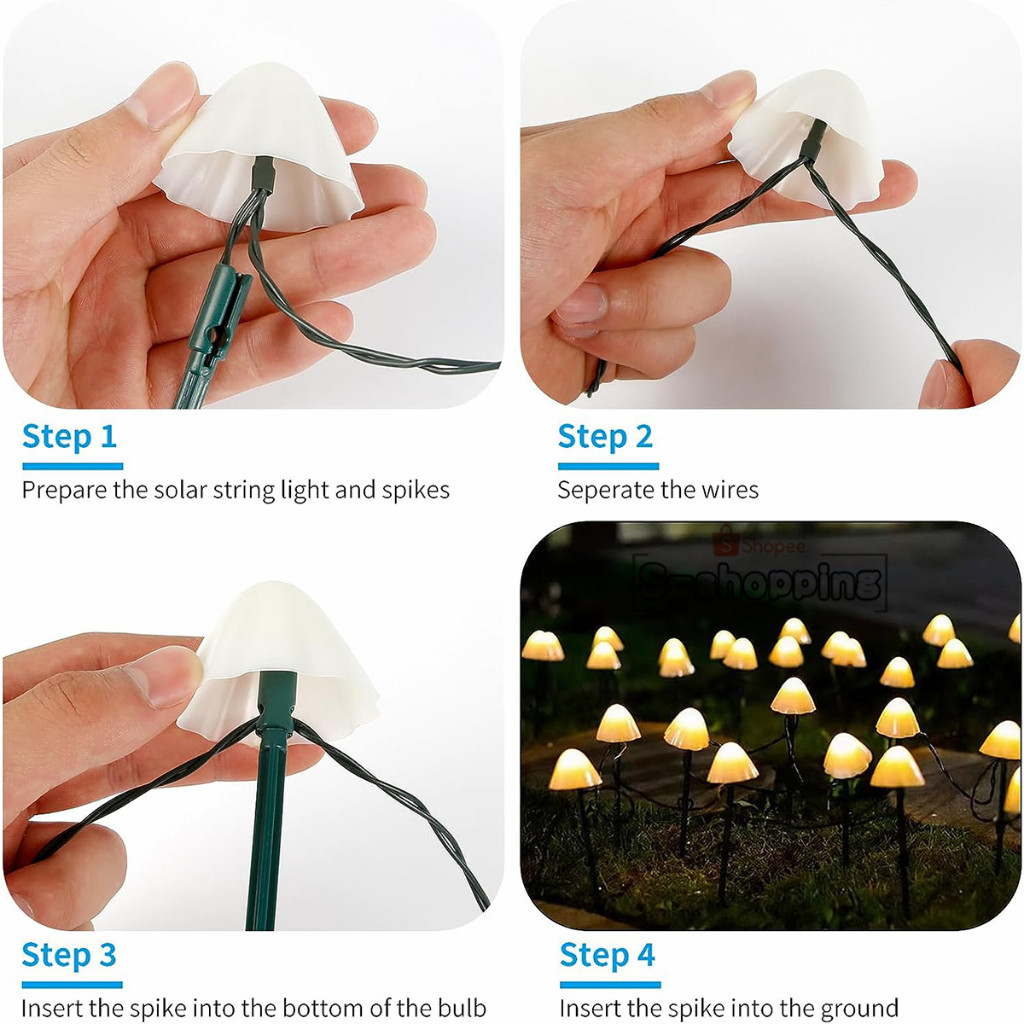 ติดตั้งง่าย JX-เห็ด 20LED  Warm white Solar light 8 โหมด 5m โคมไฟพลังงานแสงอาทิตย์สำหรับตกแต่ง