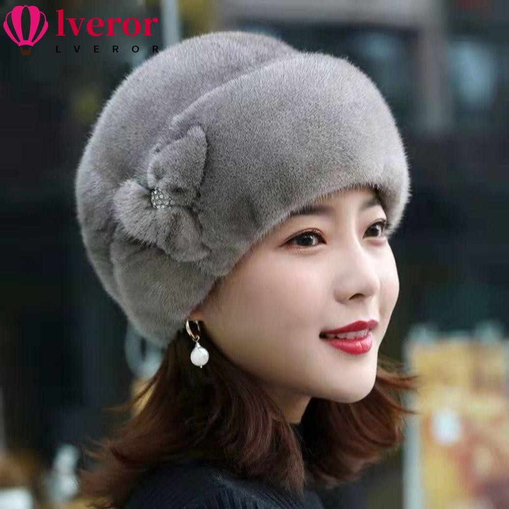 Loror หมวกบักเก็ต,หนา Faux กระต่ายขนสัตว์หมวกฤดูหนาว,สีทึบอุ่นดอกไม้ตกแต่งหมวกกันลมผู้หญิง