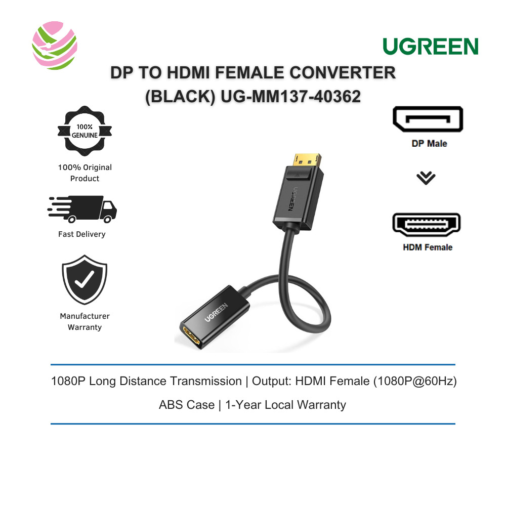 UGREEN DP TO HDMI FEMALE CONVERTER 1080P@60HZ (สีดํา) UG-MM137-40362