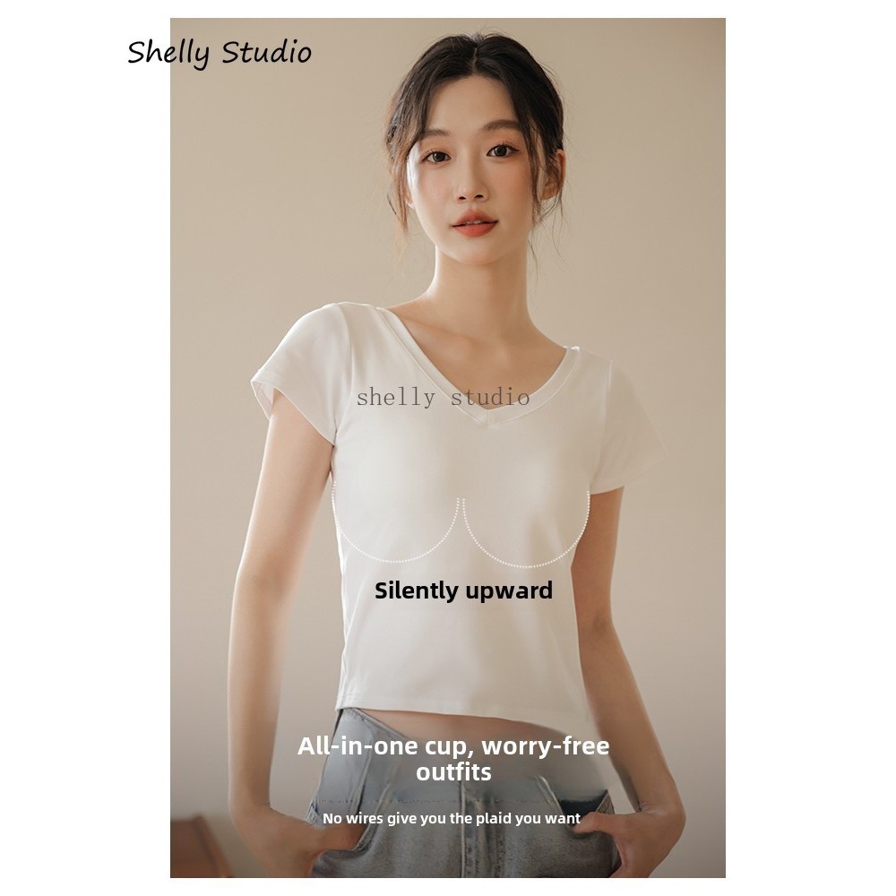 เสื้อยืดคอวีสีขาวแขนสั้นคอกลมขนาดใหญ่รวมถ้วยเสื้อครึ่งแขนด้านใน จุดต่ําสุด เสื้อด้านบน - รูปที่ 5