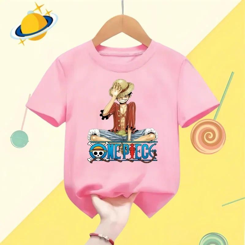 2025 เสื้อยืดเด็กชายลูฟี่วันพีซการ์ตูนฤดูร้อนทีสําหรับเด็กพร้อมแขนสั้นลําลองอายุ 3-14