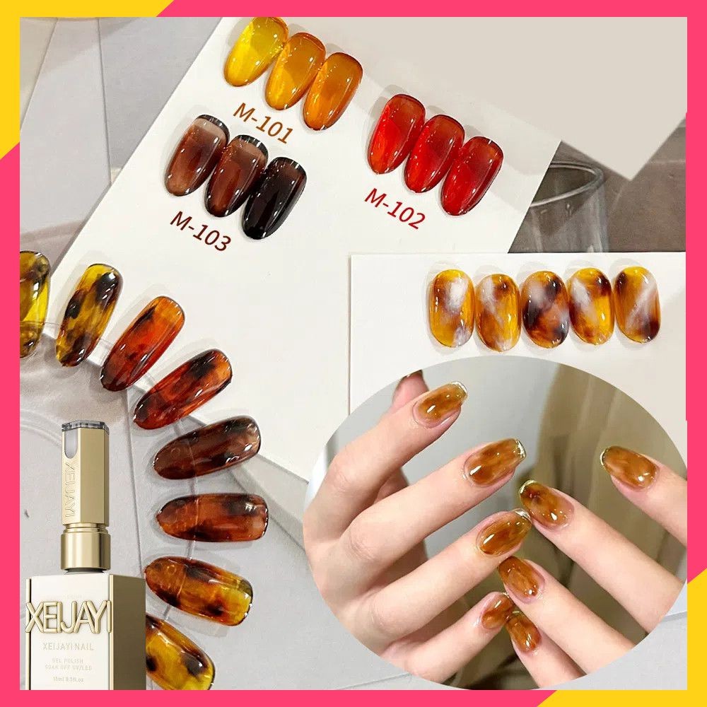 แต่งเล็บสําหรับเล็บ Shop Xeijayi Amber Tortoise Shell Series เล็บเจลกึ่งโปร่งใสคาราเมลชาสีน้ําตาล Ph