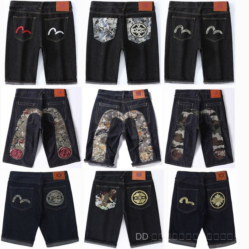 Evisu กางเกงขาสั้น กางเกงขาสั้นผ้ายีนส์ Fushen กางเกงปักลาย jacquard สำหรับผู้ชายและผู้หญิงกางเกงห้า