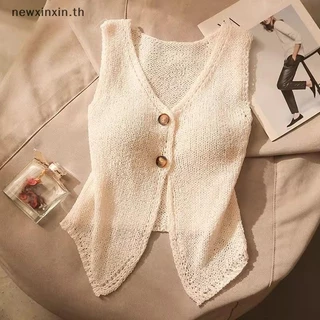 ^N^ ฤดูร้อนแฟชั่นสีทึบปุ่มเก๋คอวีแขนกุดถักเสื้อชั้นในสตรี {T}