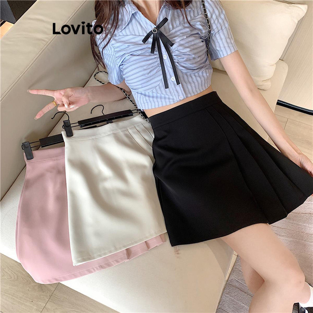 Lovito กระโปรงผู้หญิง จับจีบ สีพื้น สไตล์ลำลอง LNE58451