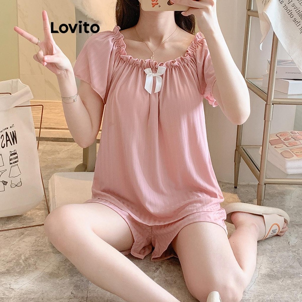 Lovito เซ็ทชุดนอนผู้หญิง แต่งโบว์ สีพื้น สไตล์ลำลอง LNE53057