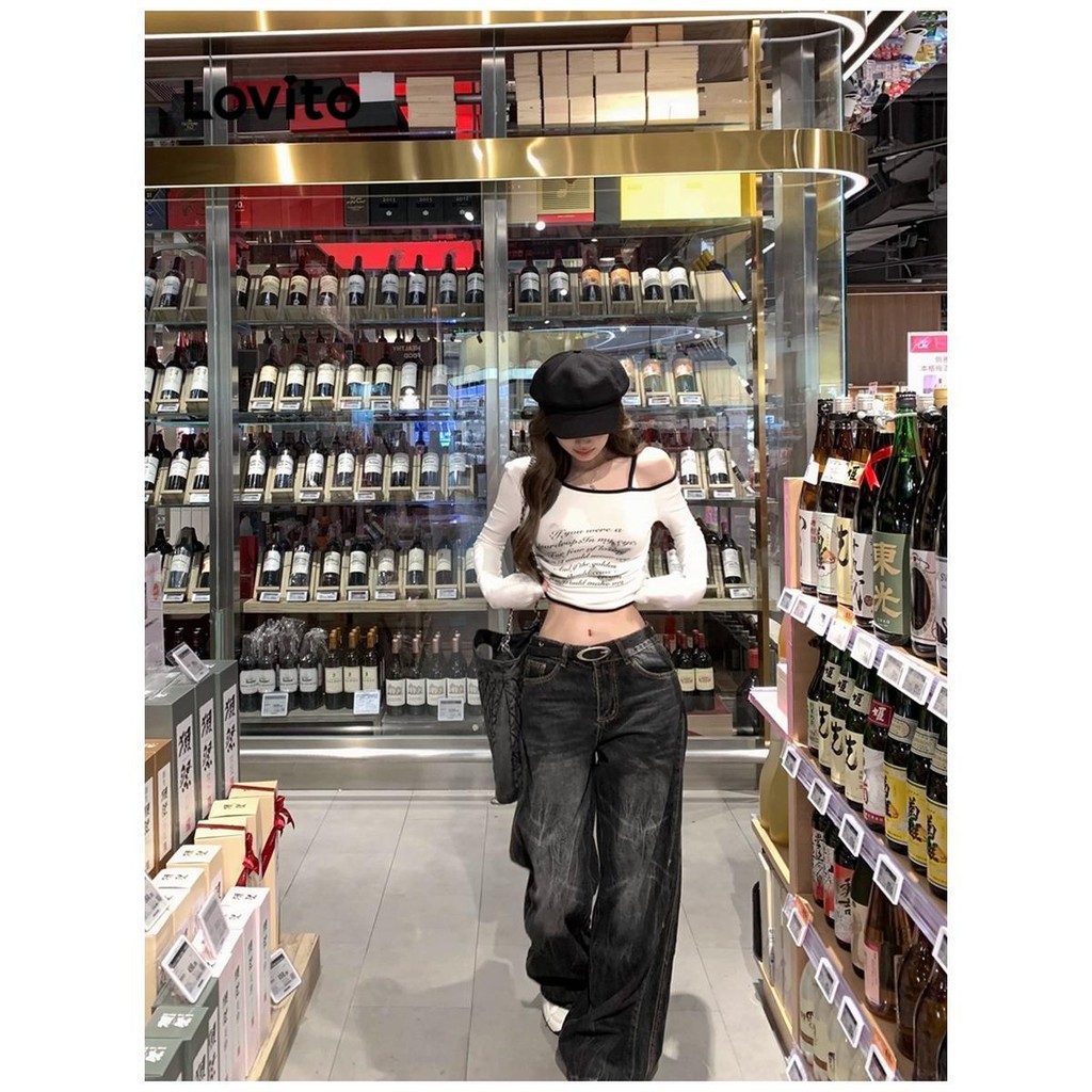 (Trendy) Lovito เสื้อยืดลําลองเสื้อยืดลายธรรมดาสําหรับผู้หญิง LNA71031