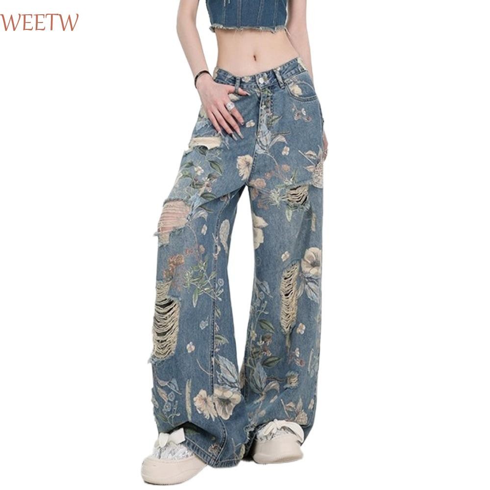 Weekw กางเกงยีนส์ผู้หญิง Y2K, ดอกไม้ Ins กางเกงยีนส์ทรงตรง, Harajuku Ripped Baggy เอวสูงหักกางเกงกลวง