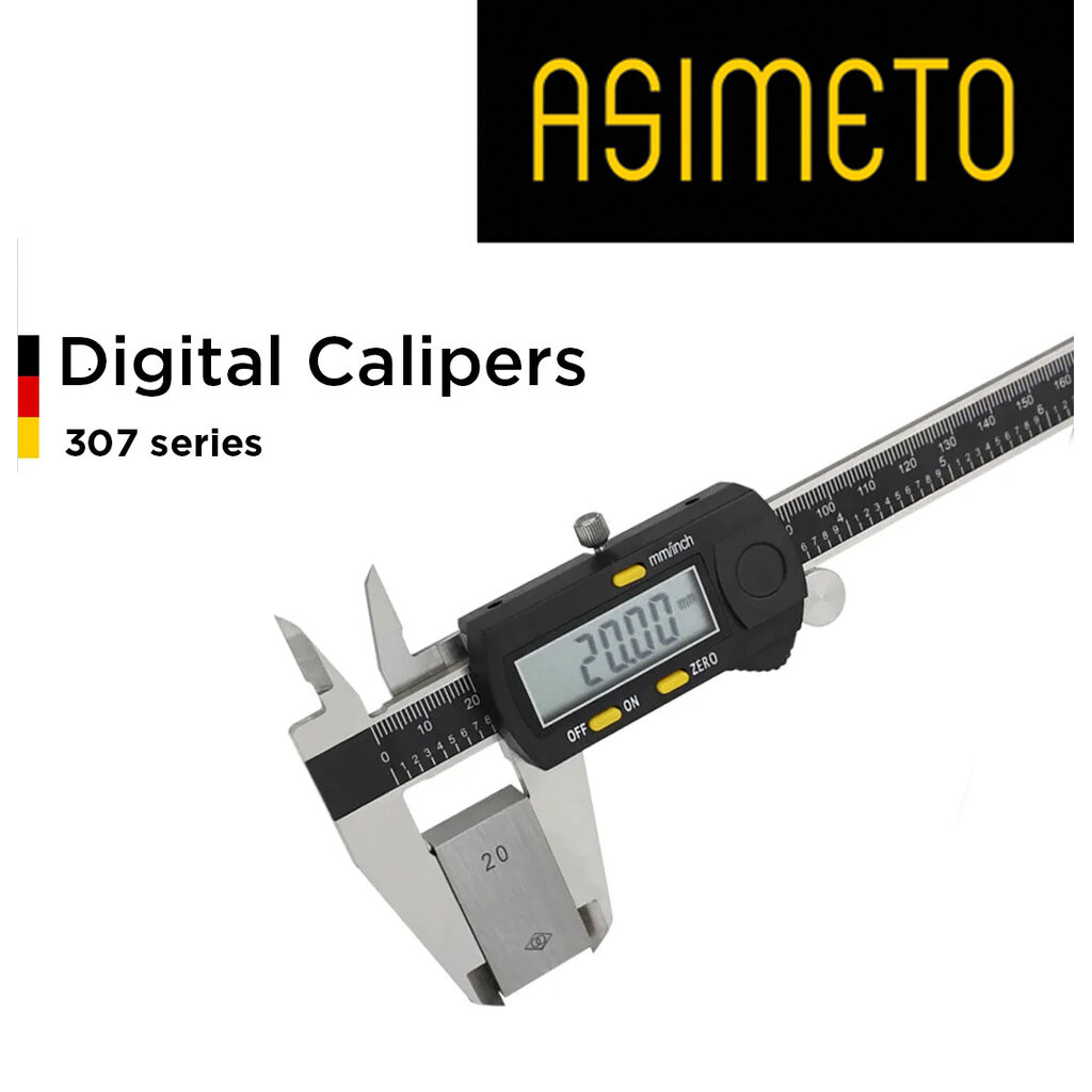 Asimeto เวอร์เนียดิจิตอลกันน้ำกันฝุ่น ปุ่มโลหะ (IP67 Digital Caliper) 0-150 มม, 0-200 มม, 0-300 มม