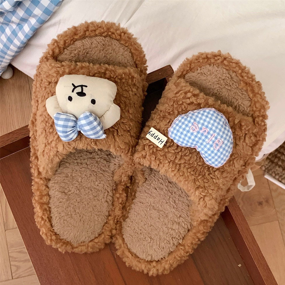 ฉี่ นุ่มน่ารักโบว์หมีรองเท้าแตะผ้าฝ้ายหญิงบ้านกันลื่นสบายๆการ์ตูนน่ารัก
