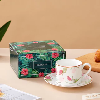 แก้วกาแฟ ชุดแก้วเซรามิก สำหรับใส่กาแฟ ชาร้อน สีครีม และลายดอกไม้ ดีไซน์สวย ของชำร่วย