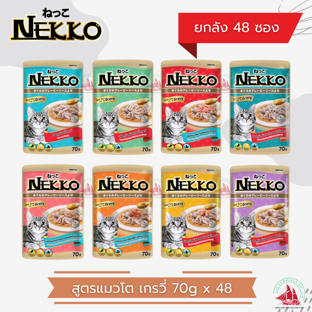 ยกลัง Nekko เน็กโกะ อาหารเปียก ในเกรวี่ แบบเพ้าช์ สำหรับแมวโต 70g. x48 ซอง