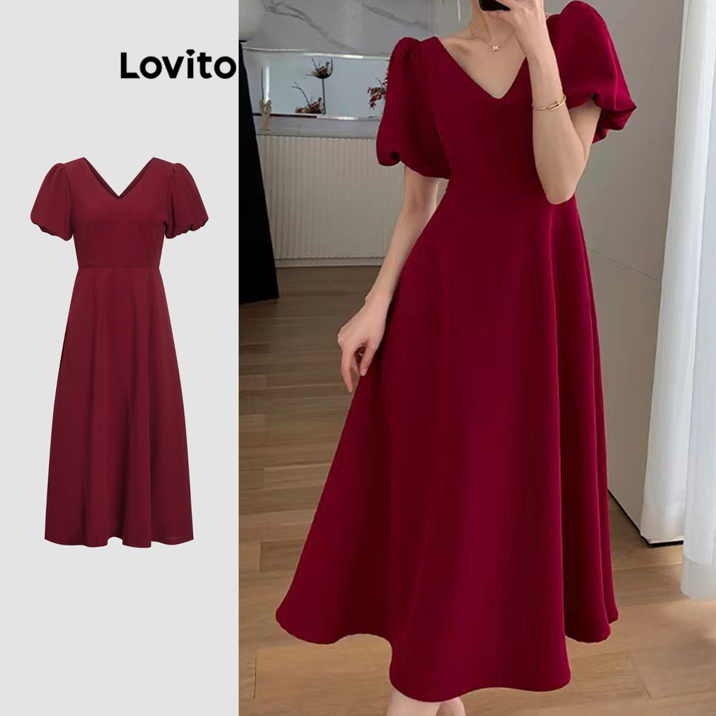 Lovito มิดี้เดรส ทรงเอไลน์ แขนสั้น คอวี สีพื้น สไตล์สง่า สำหรับผู้หญิง LNE09088 (หลากสี)