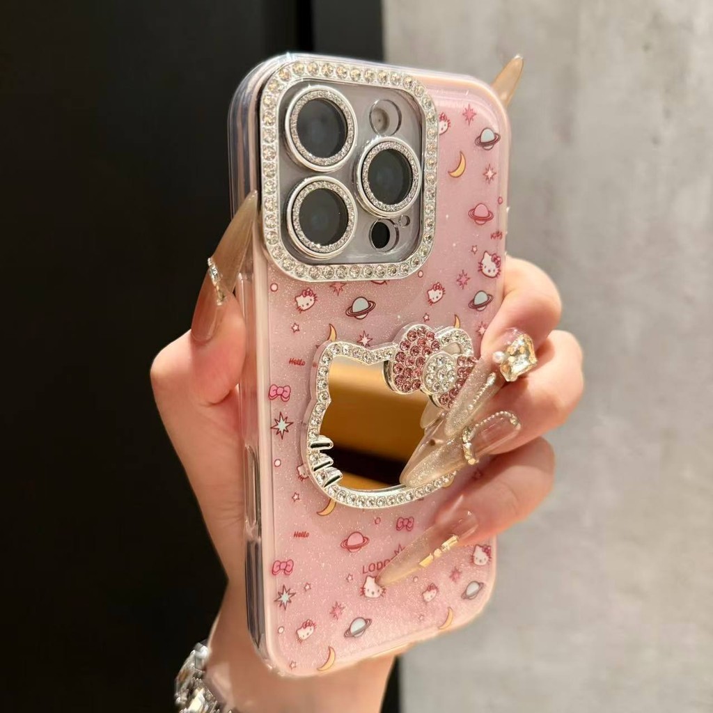 Planet KT Cat Glitter 2 in 1 Apple 16promax เคสโทรศัพท์ 15 เลนส์ฟิล์ม 14plus Point Diamond Mirror 13