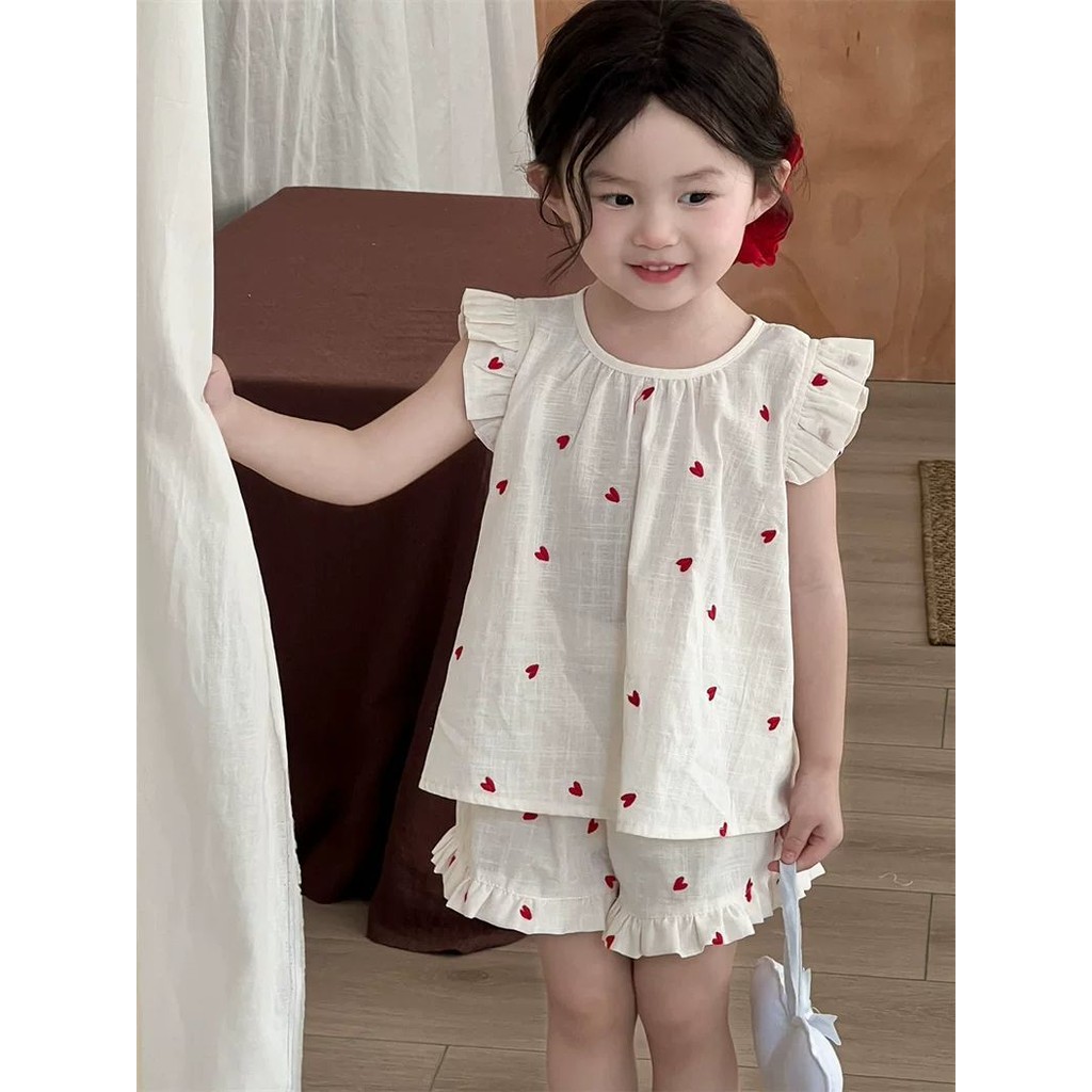 ฤดูร้อนเด็กหัวใจปักบินแขนทารกเสื้อสูทสาวเวอร์ชั่นเกาหลีเสื้อกั๊กด้านบน + กางเกงลูกไม้ชุดสองชิ้น