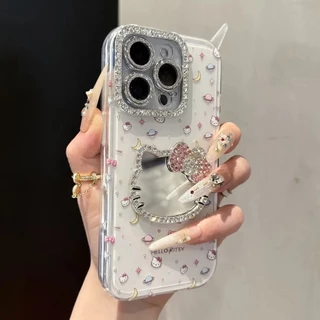Diamond Studded Kitty Mirror เหมาะสําหรับ iPhone 17Promax เคสโทรศัพท์ Apple 16/15/14/13/12/11 Anti Drop