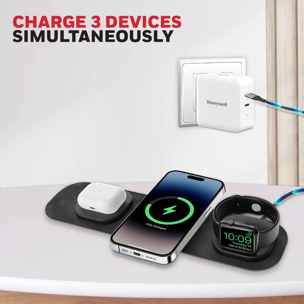 Honeywell Zest Wireless 3 in 1 Foldable Charger QC 3.0 สำหรับ AirPods iWatch และ iPhone DC 5V/2A, 9V