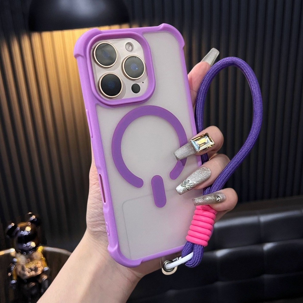 พร้อมเชือกเส้นเล็กสี่มุมกันกระแทกแม่เหล็กเคสโทรศัพท์สําหรับiPhone 11 12 13 14 15 16 Pro Max 15 14 16 Plus 16E Matte Antiลายนิ้วมือฮาร์ดปกหลังAnti Dropปลอกพร้อมสายรัดข้อมือ