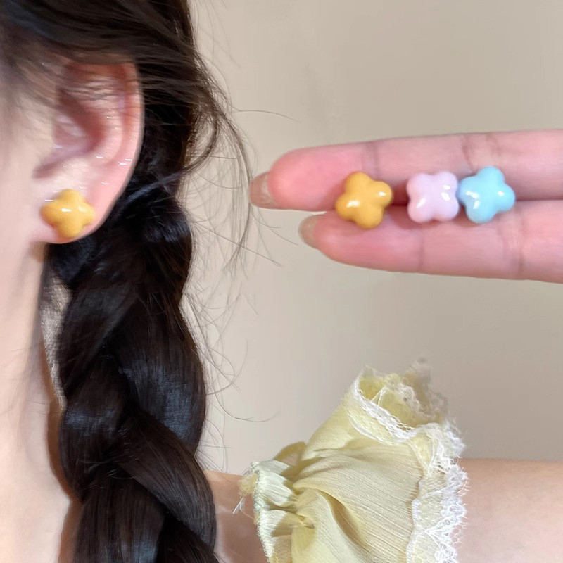 ต่างหูแฟชั่นเกาหลี สีสันสดใส ลายโคลเวอร์สี่ใบ ของขวัญวันเกิดสำหรับเธอ