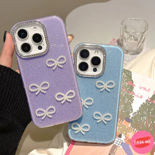 เกาหลี 3D Pearl Bowknot Glitter Diamond TPU เคสโทรศัพท์สําหรับ iPhone 16 15 14 Plus 13 12 11 Pro Max 15Pro 2 IN 1 Thicken ป้องกันมือถือกลับปลอก