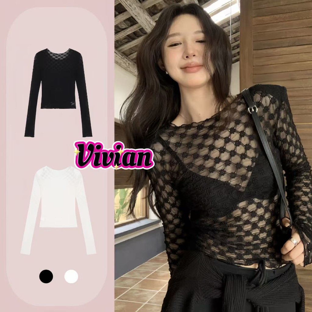 Vivian พร้อมส่ง แขนยาว เสื้อยืด ดีเทลลูกไม้ซีทรู บางและเบา เสื้อครอป สลิมฟิต ดูผอม ใส่ไปทะเล#U092