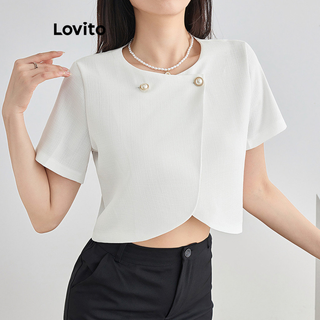 Lovito เสื้อเบลาส์กระดุมเรียบหรูหราสำหรับผู้หญิง L112ED339