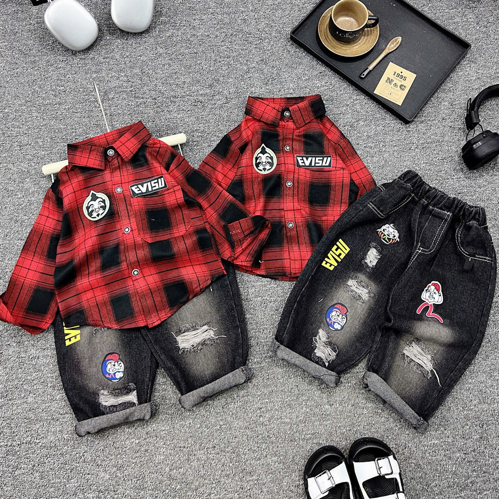 [OH SHOP] N75- evisu ชุดเสื้อและยีนส์ขายาวลายตารางหมากรุกสีแดง- a108.282