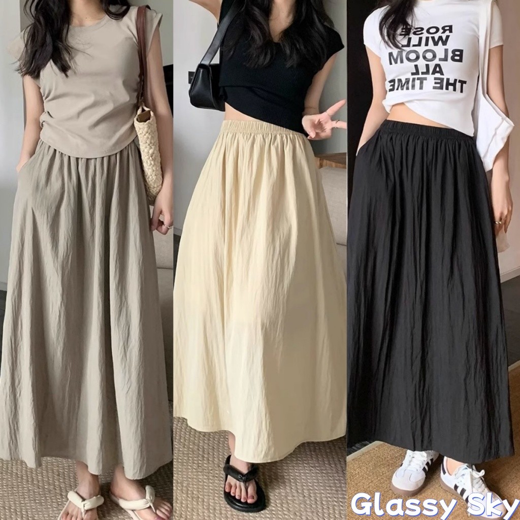 Glassy Sky💖พร้อมส่ง💖กระโปรงยาว เอวสม๊อค ของมันต้องมี สีพื้นสไตล์มินิมอล ใส่สบาย กระโปรง (K12)