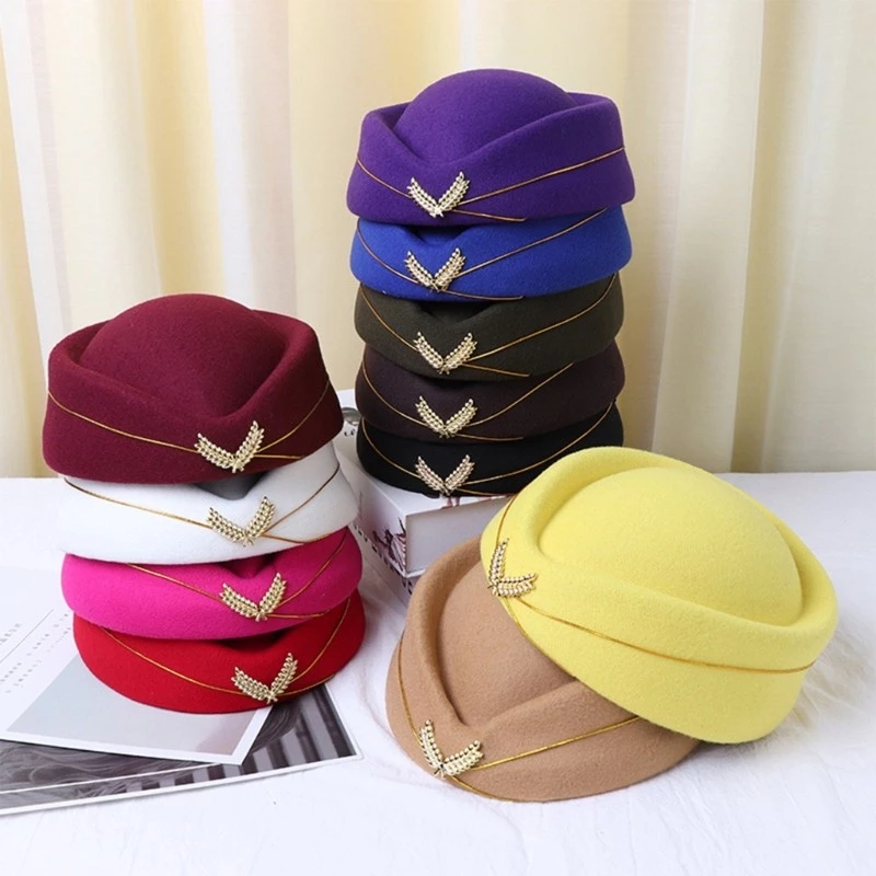 Wayle Stewardess Air Hostess Beret หมวกผู้หญิงหมวกเครื่องแต่งกายคอสเพลย์อย่างเป็นทางการชุดหมวกอุปกรณ์เสริม