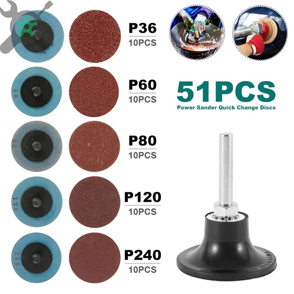 51 ชิ้น Mixup ชุดเปลี่ยนแผ่นด่วนขนาด 2 นิ้ว, แผ่นขัด A/O พร้อมที่วาง 1/4" SHOPTKC6263