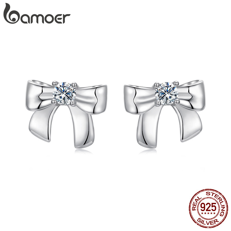 Bamoer ต่างหูเงินแท้ 925 Bow Moissanite เครื่องประดับผู้หญิงของขวัญ