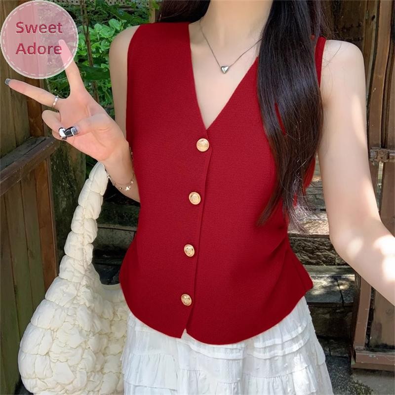 Sweetadore เสื้อกั๊กถักแขนกุดคอวีสีทึบฝรั่งเศสสําหรับผู้หญิง TH