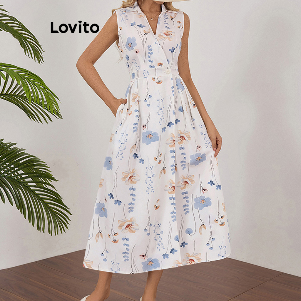 Lovito ชุดเดรสลายจีบพืชหรูหราสำหรับผู้หญิง LBL18190