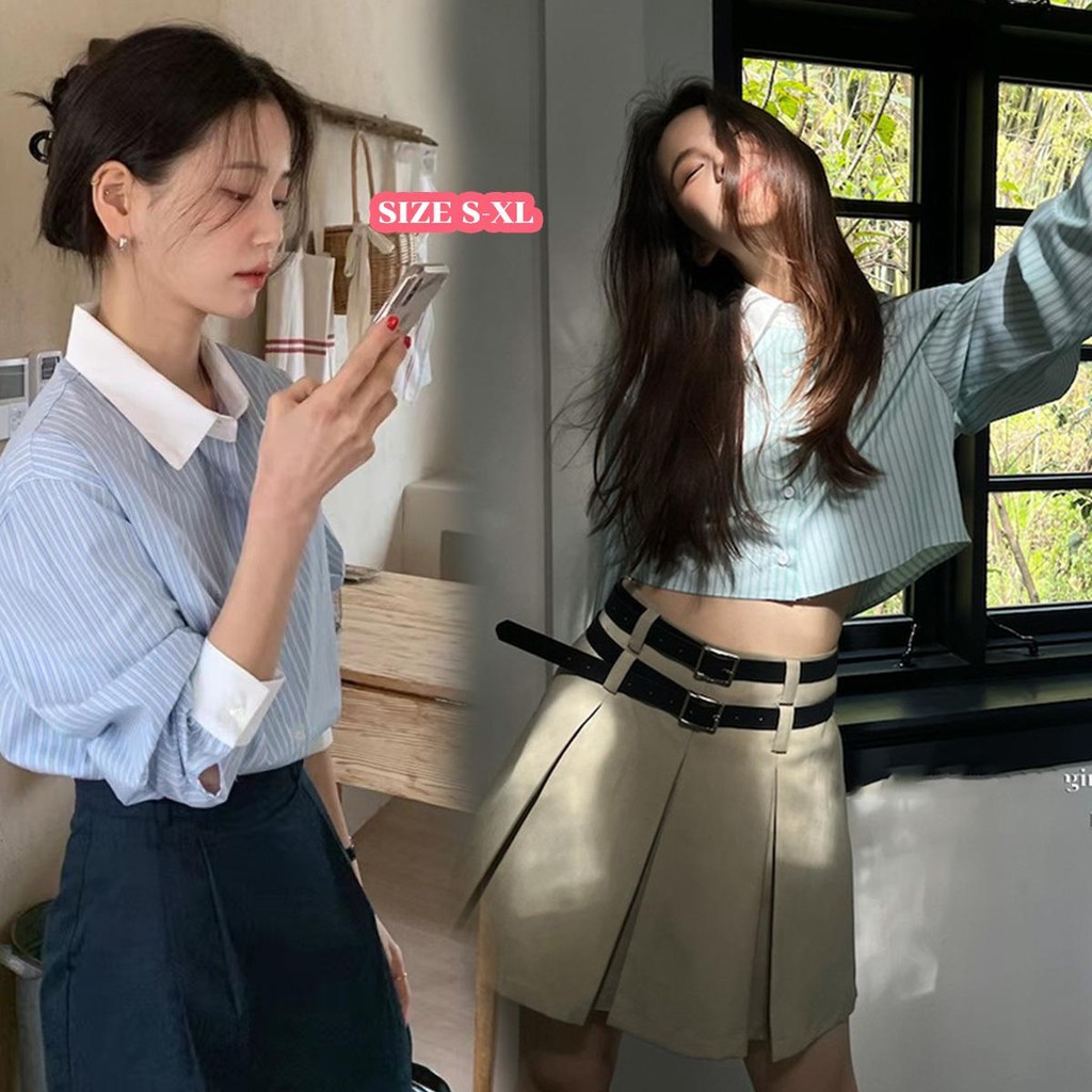 mimi&didi#เสื้อแขนยาวครอปลายทางสีตัดกัน เสื้อเชิ้ตปกคอโปโลสไตล์เกาหลีผู้หญิง แฟชั่นหวานๆทรงหลวมกระดุมแถวเดียว#W555