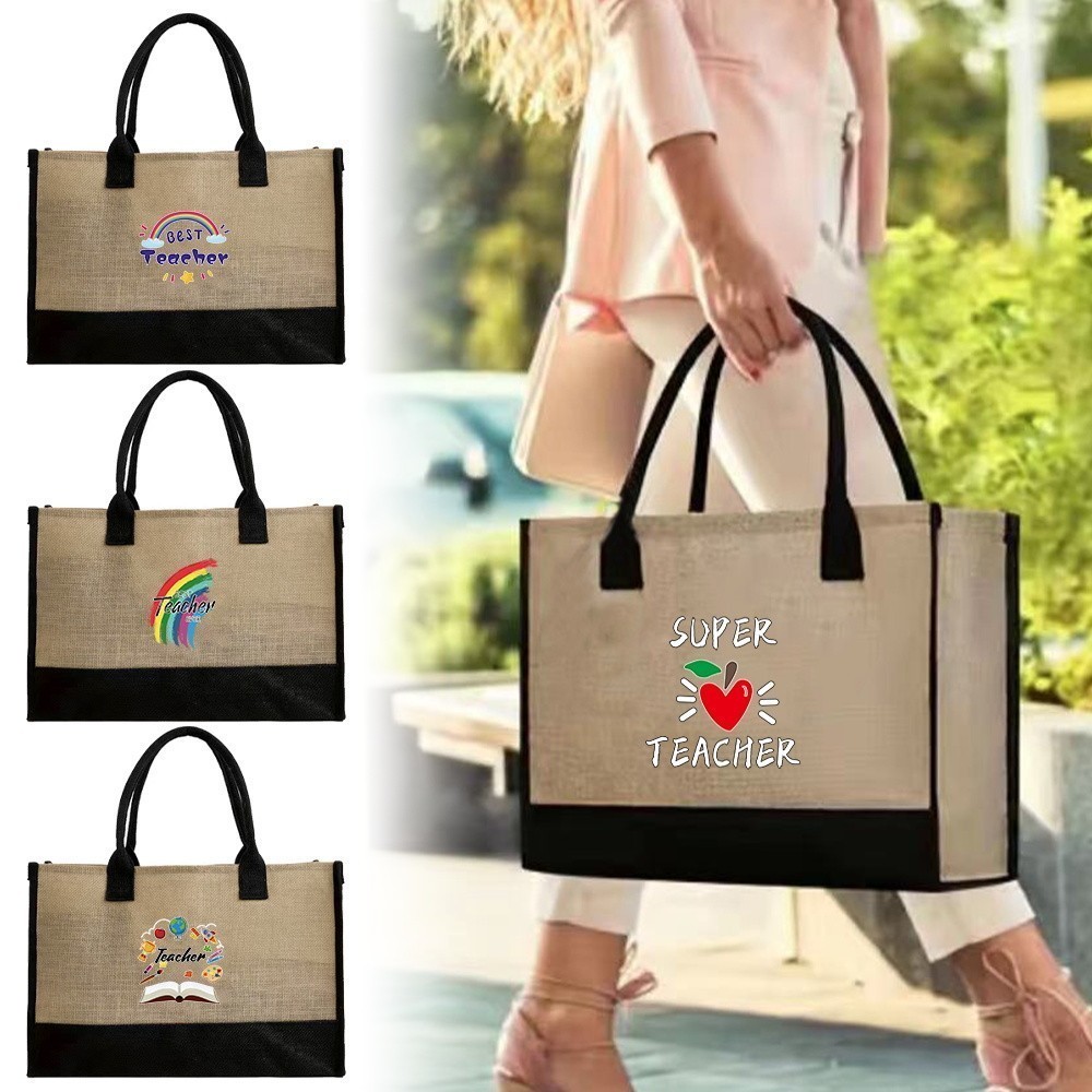 Jute Tote Bag Lady Shopping Bag Summer Beach Bag Storage Bag Large Capacity Print Teachers