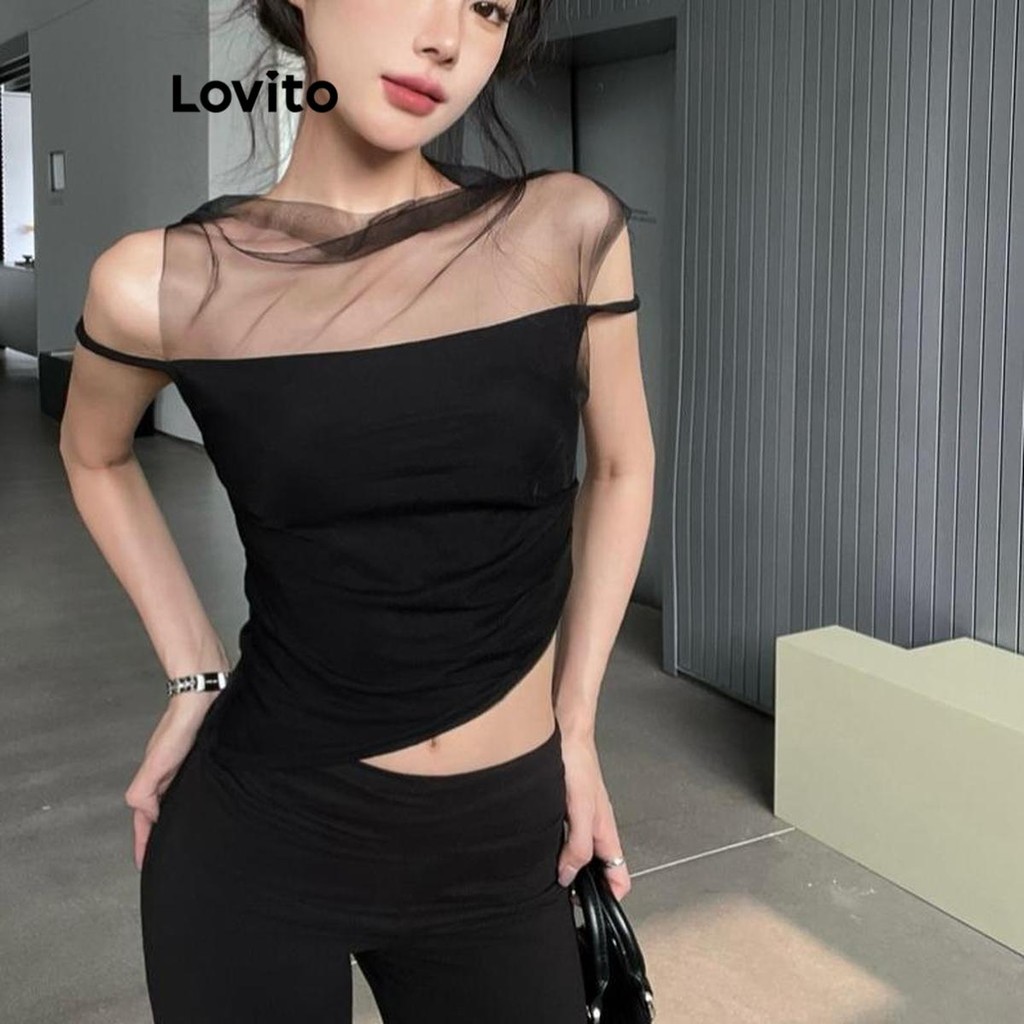 Lovito เสื้อยืดผู้หญิง แต่งผ้าตาข่าย สีพื้น สไตล์ลำลอง LNA61116