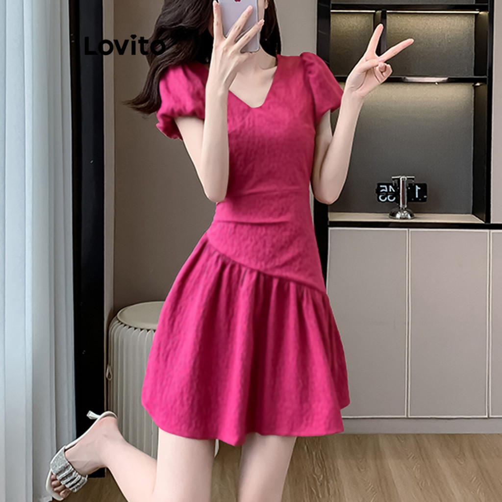 Lovito เดรสผู้หญิง ชายระบาย สีพื้น สไตล์หรูหรา LNE69608