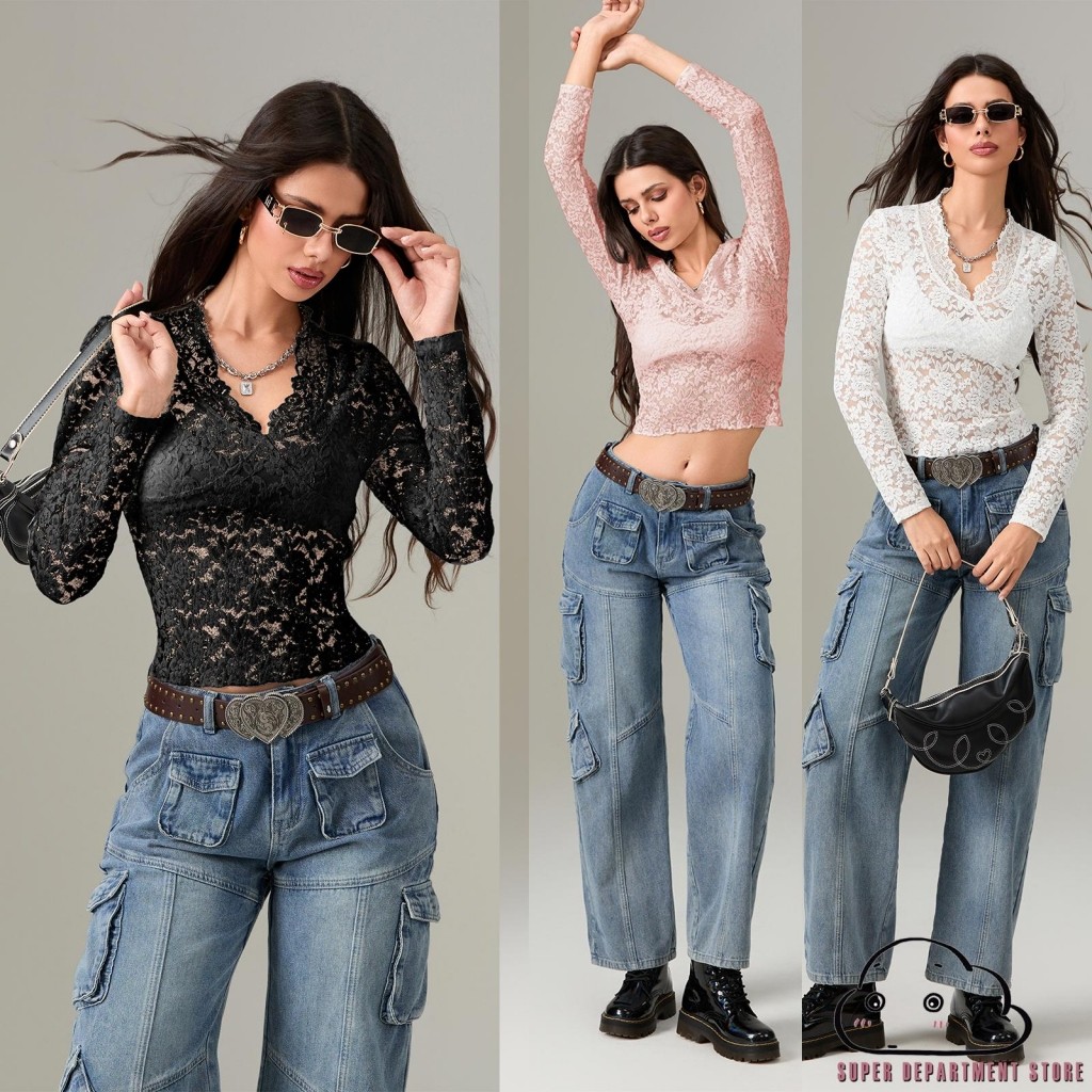 Super-womens Sheer Tops ดอกไม้ลูกไม้ V คอแขนยาว Casual Cover Ups Crop เสื้อ